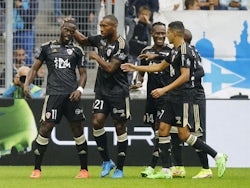 AC Ajaccio's Bevic Moussiti-Oko celebrates scoring their first goal with teammates on October 8, 2022