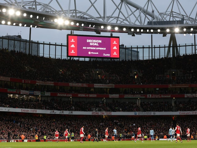 General view as the big screen displays the VAR decision to allow Ivan Toney's goal for Brentford against Arsenal on February 11, 2023