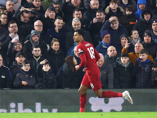 Liverpool's Cody Gakpo celebrates scoring their second goal on February 13, 2023