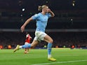 Manchester City's Erling Braut Haaland celebrates scoring their third goal on February 15, 2023