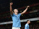 Manchester City's Erling Braut Haaland celebrates after the match on February 15, 2023
