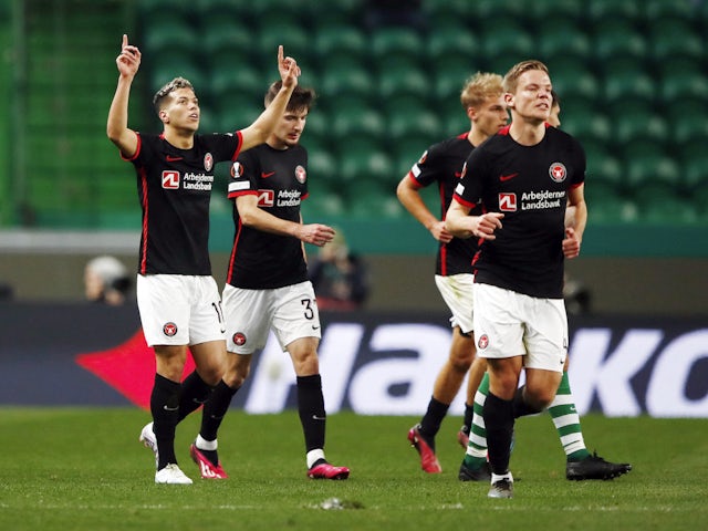 FC Midtjylland's Emam Ashour celebrates his first goal with his team-mates on February 16, 2023