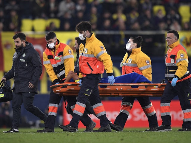 Villarreal's Francis Coquelin is stretchered off after sustaining an injury on February 12, 2023