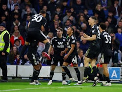 Fulham's Manor Solomon celebrates scoring their first goal with teammates on February 18, 2023