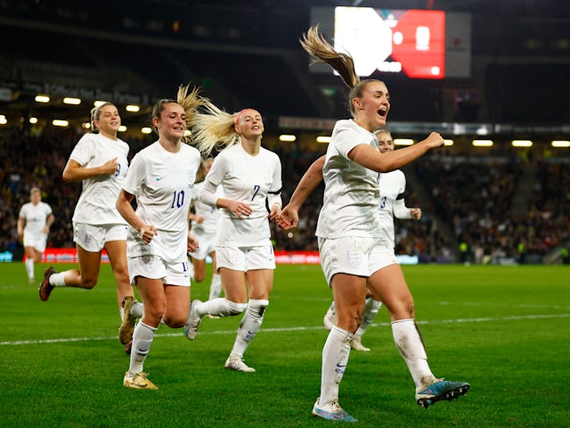 Georgia Stanway celebrates scoring for England Women on February 16, 2023