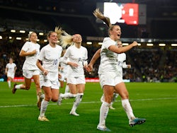 Georgia Stanway celebrates scoring for England Women on February 16, 2023