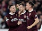 Hearts' Andy Halliday celebrates scoring their second goal with teammates on October 27, 2022