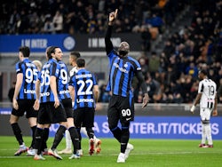 Inter Milan's Romelu Lukaku celebrates scoring their first goal on February 18, 2023