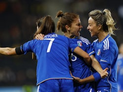 Italy Women's Manuela Giugliano celebrates scoring their first goal with Sofia Cantore on February 16, 2023