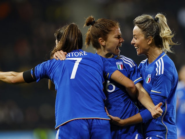Italy Women's Manuela Giugliano celebrates scoring their first goal with Sofia Cantore on February 16, 2023