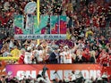 Kansas City Chiefs quarterback Patrick Mahomes (15) celebrates on the podium with the Vince Lombardi Trophy after the Kansas City Chiefs defeated the Philadelphia Eagles in Super Bowl LVII at State Farm Stadium on February 12, 2023