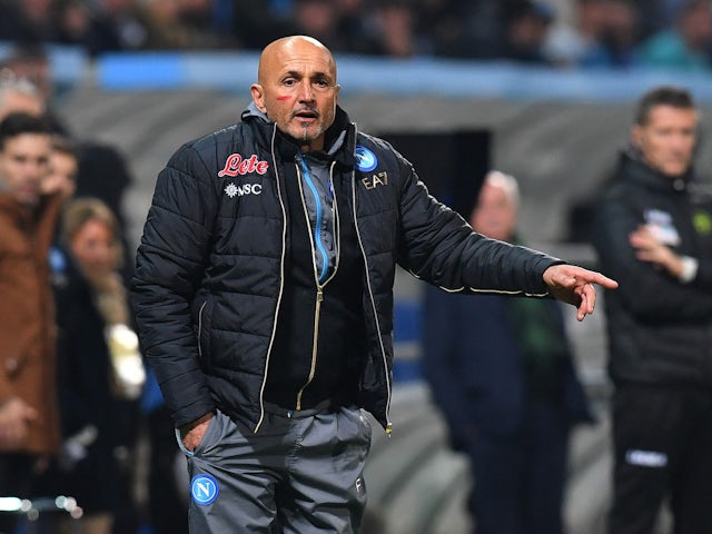 Napoli coach Luciano Spalletti is pictured wearing red face paint to raise awareness of domestic violence against women on February 17, 2023