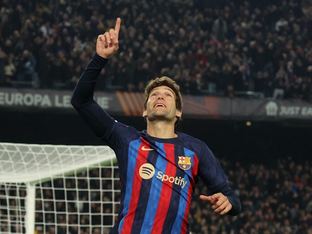 Barcelona defender Marcos Alonso celebrates scoring against Manchester United on February 16, 2023