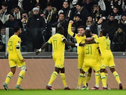 Nantes' Ludovic Blas celebrates scoring their first goal with teammates on February 16, 2023