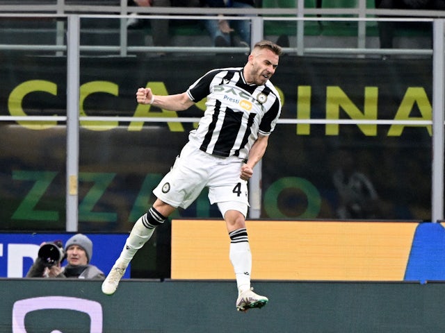 Udinese's Sandi Lovric celebrates scoring their first goal on February 18, 2023
