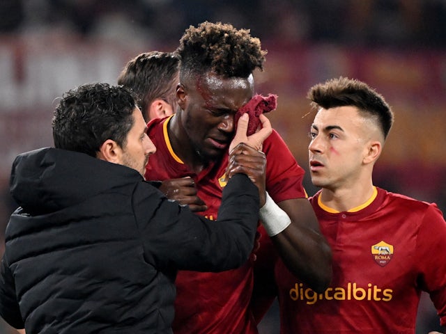 Roma's Tammy Abraham receives medical attention after sustaining an injury on February 19, 2023