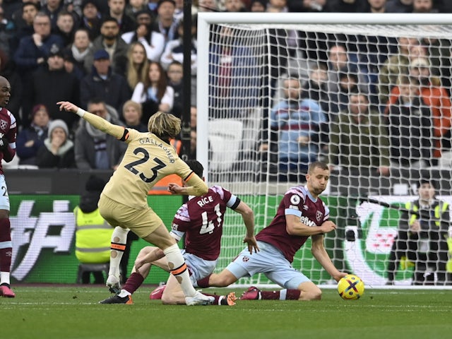 West Ham United midfielder Tomas Soucek saving Chelsea midfielder Conor Gallagher's shot on February 11, 2023.