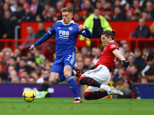 Leicester City's Harvey Barnes in action with Manchester United's Marcel Sabitzer on February 19, 2023