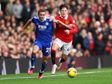 Leicester City's Timothy Castagne in action with Manchester United's Alejandro Garnacho on February 19, 2023