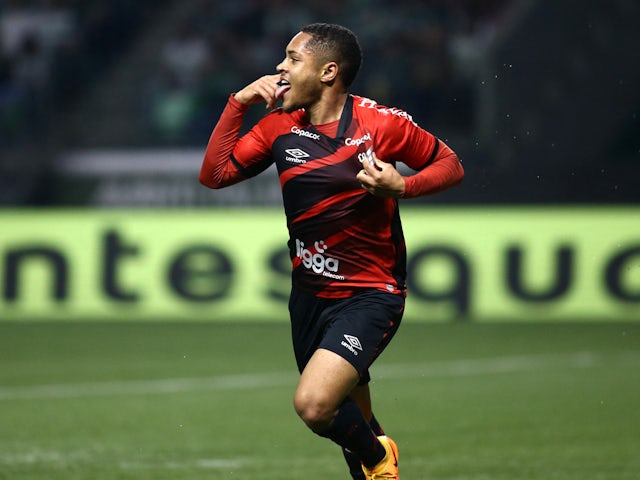 Athletico Paranaense's Vitor Roque celebrates scoring their first goal on July 2, 2022