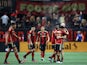 Atlanta United FC midfielder Thiago Almada (23) celebrates with teammates after scoring a goal in stoppage time against the San Jose Earthquakes at Mercedes-Benz Stadium on February 25, 2023
