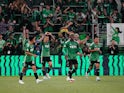 Austin FC forward Sebastian Driussi (10) gestures after his goal as he walks back to center field with teammates in the first half against St. Louis CITY SC at Q2 Stadium on February 25, 2023