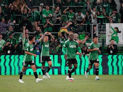 Austin FC forward Sebastian Driussi (10) gestures after his goal as he walks back to center field with teammates in the first half against St. Louis CITY SC at Q2 Stadium on February 25, 2023