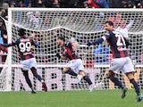 Bologna's Riccardo Orsolini celebrates scoring their first goal with Musa Barrow on February 26, 2023