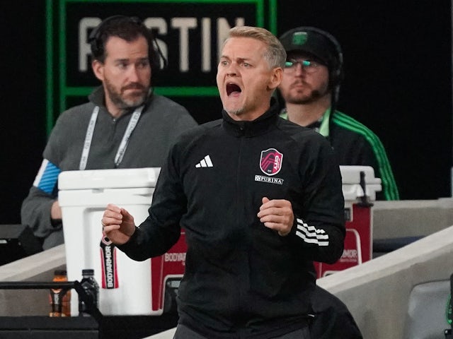 St. Louis CITY SC head coach Bradley Carnell reacts in the first half against Austin FC at Q2 Stadium on February 25, 2023