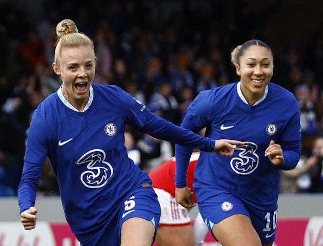 Chelsea Women's Sophie Ingle celebrates scoring their first goal with Lauren James on February 26, 2023
