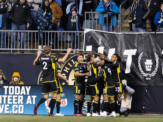 Columbus Crew SC forward Cucho Hernandez (9) celebrates with teammates after scoring against the Philadelphia Union during the first half at Subaru Park on February 25, 2023