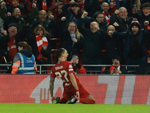 Darwin Nunez celebrates scoring for Liverpool on February 21, 2023