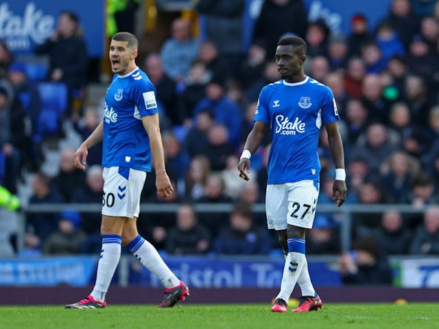 Everton's Conor Coady and Idrissa Gueye look dejected on February 25, 2023