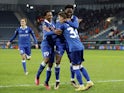 KAA Gent's Cederick Van Daele celebrates scoring to win the penalty shoot-out with teammates on February 23, 2023