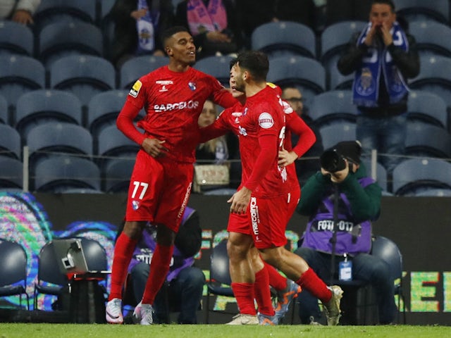Gil Vicente's Murilo celebrates scoring their second goal with teammates on February 26, 2023