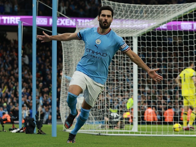 Manchester City's Ilkay Gundogan celebrates scoring their second goal on February 12, 2023