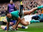 Ireland's James Lowe scores their second try on February 11, 2023
