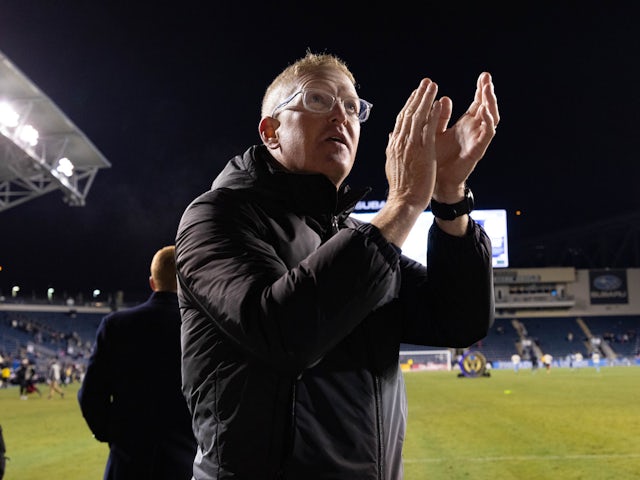 Philadelphia Union head coach Jim Curtin salutes fans after a victory against Columbus Crew SC at Subaru Park on February 25, 2023