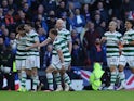 Celtic's Kyogo Furuhashi celebrates scoring their first goal with Greg Taylor, Alistair Johnston, Aaron Mooy, Daizen Maeda and Jota on February 26, 2023
