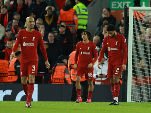 Liverpool players look dejected on February 21, 2023