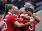 Manchester United Women's Vilde Boe Risa celebrates scoring their first goal with teammates on February 26, 2023