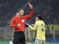 Porto's Otavio is shown a red card by referee Srdjan Jovanovic after receiving two yellow cards on February 22, 2023