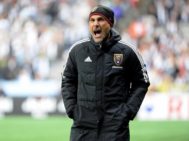 Real Salt Lake head coach Pablo Mastroeni reacts after a play against the Vancouver Whitecaps FC during the first half at BC Place on February 25, 2023