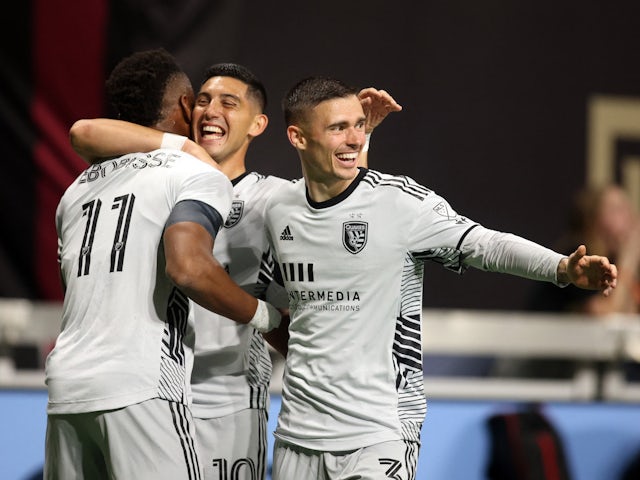 San Jose Earthquakes forward Jeremy Ebobisse (11) celebrates with midfielder Cristian Espinoza (10) and defender Paul Marie (3) in the first half against the Atlanta United FC at Mercedes-Benz Stadium on February 25, 2023