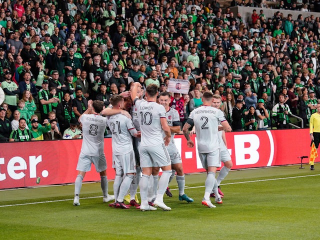 St Louis City SC defender Tim Parker (26) celebrates his goal with teammates in the first half against Austin FC at Q2 Stadium on February 25, 2023
