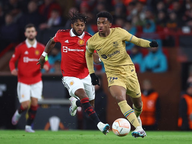 Manchester United's Fred in action with Barcelona's Alejandro Balde on February 23, 2023