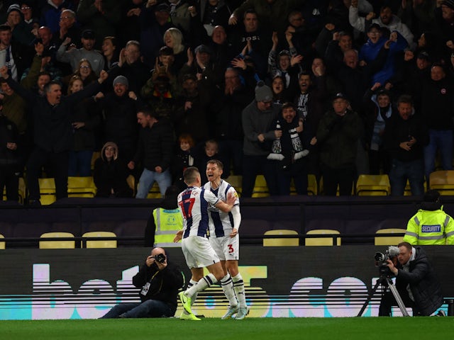 West Bromwich Albion's Conor Townsend celebrates scoring their first goal with teammates on February 20, 2023