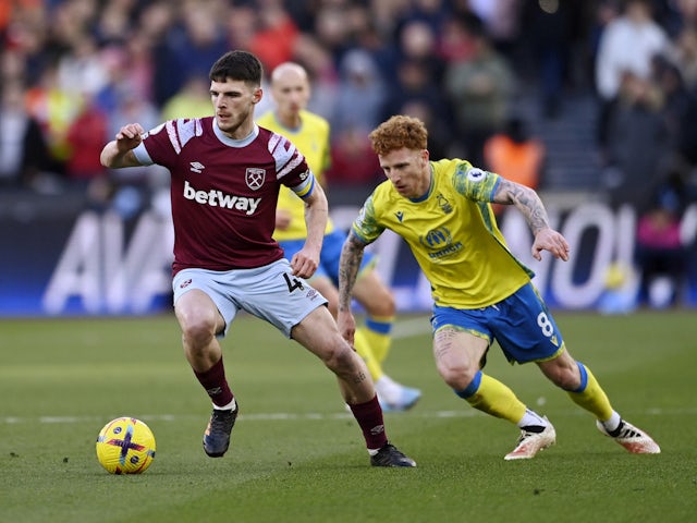 West Ham United's Declan Rice in action with Nottingham Forest's Jack Colback on February 25, 2023