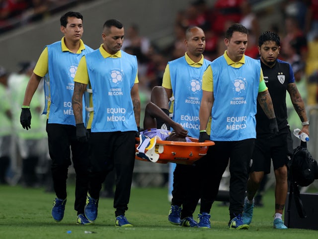 Independiente del Valle's Beder Caicedo is stretchered off after sustaining an injury on March 1, 2023
