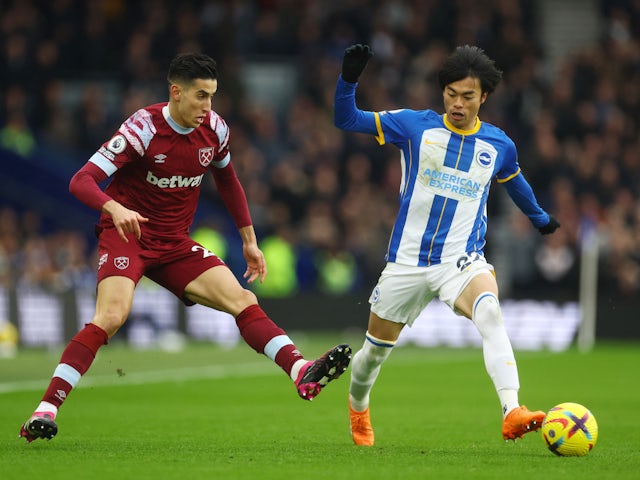 West Ham United's Nayef Aguerd in action with Brighton & Hove Albion's Kaoru Mitoma on March 4, 2023